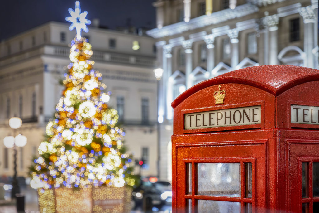 telephone booth and tree on christmas in london